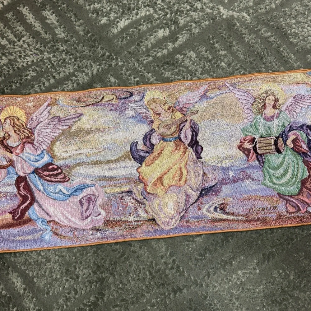 Lena Liu Angels Woven Tapestry Table Runner Tassels Glitter Whimsigoth Vintage